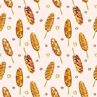 corndogs naadloos vector patroon. populair Aziatisch straat voedsel . hand getekend in tekenfilm stijl gebakken heet maïs honden met worst, kaas en saus.