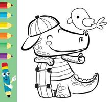 kleur boek of bladzijde, tekenfilm vector van krokodil de grappig skateboarder met weinig vogel
