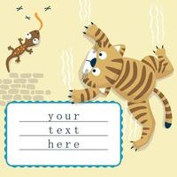uitnodiging kaart sjabloon van een kat beklimming muur, hagedis jacht- muggen. vector tekenfilm illustratie
