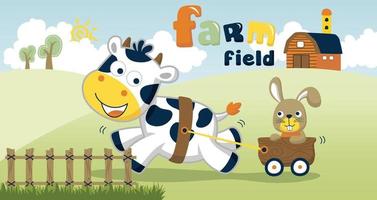 tekenfilm vector van boerderij dieren in boerderij veld, boerderij elementen illustratie, koe trekken konijn met kar