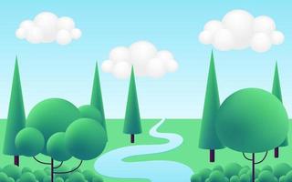 3d realistisch groen tekenfilm panorama zomer landschap achtergrond met groen heuvels, rivier, ijshoorntje dennen bomen, struiken, wolken, Aan blauw lucht. natuur milieu horizon samenstelling. vector illustratie.