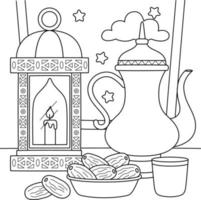 Ramadan lantaarn, thee en datums kleur bladzijde vector