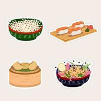 stickers Aziatisch eten voedsel. vector illustratie. rijst, sushi, Chinese knoedels, wok noedels