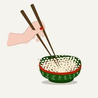 rijst- Aan groen bord met ruggegraten eetstokjes in hand. heerlijk Aziatisch voedsel vector illustratie