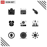 modern reeks van 9 solide glyphs pictogram van uitrusting hart schema liefde draadloos bewerkbare vector ontwerp elementen