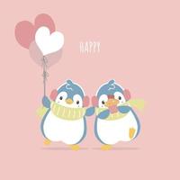 schattig en lief hand- getrokken pinguïn Holding ballon en koekje met hart, gelukkig Valentijnsdag dag, liefde concept, vlak vector illustratie tekenfilm karakter kostuum ontwerp