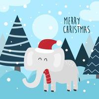 grappig tekenfilm olifant in de kerstman hoed Aan zijn hoofd. Kerstmis kaart. tekenfilm karakter in winter Woud met sneeuw, groet ontwerp vector