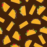 Mexicaans voedsel. taco's, quesadilla's en burrito's - naadloos patroon Aan bruin achtergrond. Mexicaans tussendoortje. patroon voor inpakken, textiel, ontwerp vector