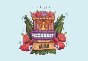 Leuke Hawaiiaanse Totem Glimlachen Met Exotische Bloemen En Bladeren En Hout Teken