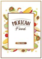 Mexicaans voedsel folder a4 met taco's, burrito's, tamales, Quesadilla, empanadas, elotes en nacho's. banier gezond voedsel, Koken, menu, voedsel concept. vector