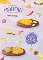 Mexicaans voedsel folder a4 met taco's, burrito's, tamales, Quesadilla, empanadas, elotes en nacho's. banier gezond voedsel, Koken, menu, voedsel concept. vector