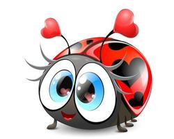 grappig schattig tekenfilm glimlachen lieveheersbeestje meisje met blauw ogen en harten vlekken. vector