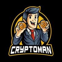 cryptogeld Mens mascotte karakter voor mijnbouw en spel logo ontwerp sjabloon vector