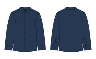 blanco overhemd met zakken en toetsen technisch schetsen. donker blauw kleur. unisex gewoontjes overhemd bespotten omhoog. vector