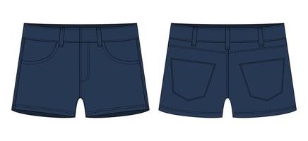 denim kort met zakken technisch schetsen. donker blauw kleur. kinderen jeans shorts ontwerp sjabloon. vector