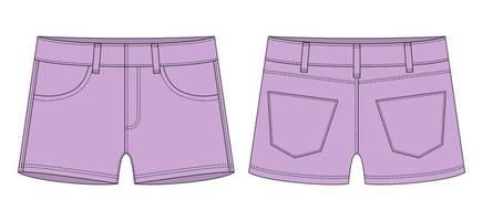 denim kort met zakken technisch schetsen. pastel Purper kleur. kinderen jeans shorts ontwerp sjabloon. vector