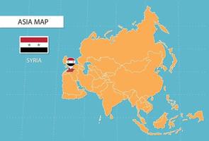 Syrië kaart in Azië, pictogrammen tonen Syrië plaats en vlaggen. vector