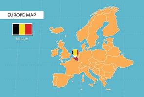 belgie kaart in Europa, pictogrammen tonen belgie plaats en vlaggen. vector