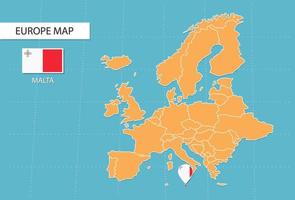 Malta kaart in Europa, pictogrammen tonen Malta plaats en vlaggen. vector