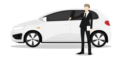 zakenman ontwerp, makelaar verkoop persoonlijk auto Aan geïsoleerd achtergrond, vector illustratie.
