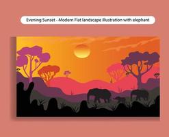 zwart olifant wandelen Bij de met berg en zonsondergang achtergrond avond licht vector illustratie