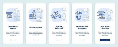 plan voordat opening restaurant licht blauw onboarding mobiel app scherm vector