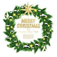 Kerstmis krans met groen Spar tak, licht slinger en gouden ster geïsoleerd Aan wit achtergrond. vector