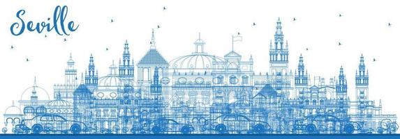 schets de skyline van Sevilla met blauwe gebouwen. vector