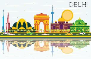 Delhi Indië horizon met kleur gebouwen, blauw lucht en reflecties. vector