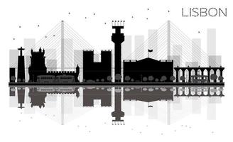 Lissabon stad horizon zwart en wit silhouet met reflecties. vector