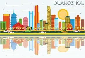 Guangzhou horizon met kleur gebouwen, blauw lucht en reflecties. vector