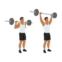 man doet staande achter de nek barbell schouderpers oefening. platte vectorillustratie geïsoleerd op een witte achtergrond vector