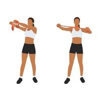 vrouw doet bovenrug oefening boogschutter met lange weerstand band oefening. platte vectorillustratie geïsoleerd op een witte achtergrond vector