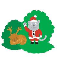 de kerstman claus kat in voorkant van struiken met hert kat vector