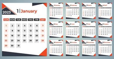 jaarlijks kalender 2023 set, week begint van zondag, in oranje zwart schaduw vector