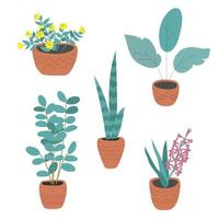 reeks van huis planten in keramisch potten. vector illustratie in hand- getrokken stijl. geel en roze bloemen, harten en bladeren in pastel kleuren.