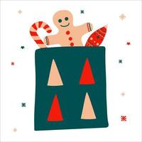 Kerstmis geschenk zak met ontbijtkoek, snoep en een ijskegel nieuw jaar speelgoed- in Scandinavisch hand- getrokken stijl. vector illustratie, plein formaat. geschikt voor een groet kaart of banier