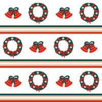 Kerstmis naadloos vector grens patroon in horizontaal strepen van rood, groen en beige en vakantie symbolen - krans en klokken Aan een wit achtergrond. gebruikt voor kleding stof, omhulsel papier, behang