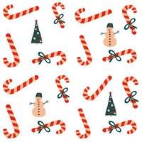 naadloos vector patroon nieuw jaar en Kerstmis in de stijl van Scandinavisch gemakkelijk hand- tekening. vakantie symbool - snoep riet, boog, lint, sneeuwman, Spar boom. ornament voor afdrukken, wrap, textiel, kleding stof