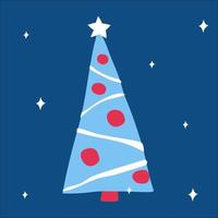 Kerstmis boom met slingers en ballen Aan een klassiek blauw achtergrond met sneeuwvlokken. vector illustratie, in Scandinavisch tekening stijl, plein formaat. geschikt voor een groet kaart of banier