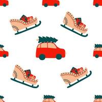 naadloos Kerstmis patroon van een rood auto draagt een net Aan de dak en een vakantie slee met geschenken. vector illustratie in Scandinavisch stijl. ornament voor afdrukken, wrap, textiel, kleding stof