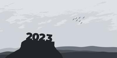 gelukkig nieuw jaar 2023 met groot silhouet brieven Aan de berg met een mooi zonsondergang voor succes concept. nieuw jaar concept vector