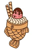 taiyaki ijs room Japans gebakje. vis vormig taart met vanille ijs room en aardbei. Japans straat voedsel vector