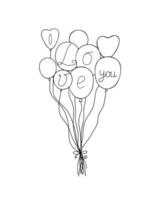 bundel van ballonnen met linten en ik liefde u woorden vector illustratie in gemakkelijk schets hand- getrokken stijl voor st Valentijn liefde en emoties vakantie partij accessoires, familie vieringen decor