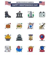 gelukkig onafhankelijkheid dag 4e juli reeks van 16 vlak gevulde lijnen Amerikaans pictogram van pompoen Amerikaans monument datum kalender bewerkbare Verenigde Staten van Amerika dag vector ontwerp elementen