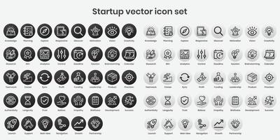 opstarten vector icoon set. zwart en wit icoon serie met lijn en beroerte