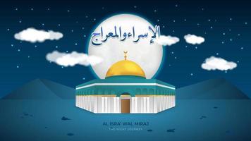 de nacht reis isra miraj illustratie met de maan, moskee, en al isra wal miraj tekst in Arabisch