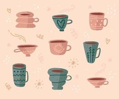 hand- getrokken reeks van divers cups met heet thee of koffie. tekening vector illustratie