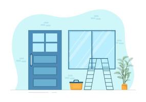 venster en deur installatie onderhoud met arbeider voor huis reparatie en vernieuwing gebruik gereedschap in vlak tekenfilm hand- getrokken sjabloon illustratie vector