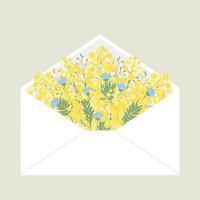 boeket van mimosa in de post- envelop. voorjaar geel bloemen. geschenk voor mama, meisje, groet kaart vector